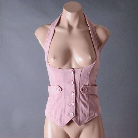 Tops - Pink Faux Suede Underbust Waistcoat Steampunk Vest Fitted Goth Womens Corset Top